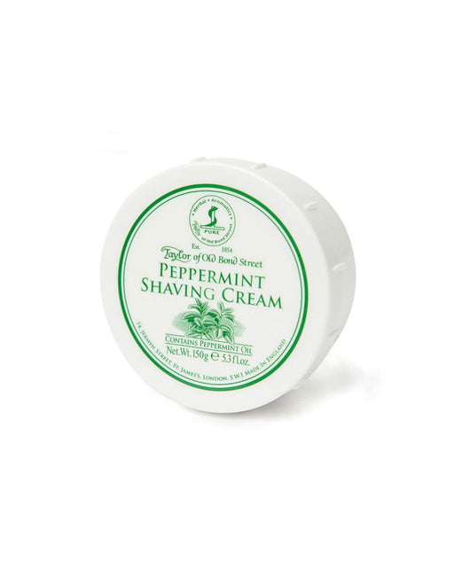 A container of Taylor of Old Bond Street Peppermint Shaving Cream with green and white label.