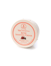 A round container of Taylor of Old Bond Street Rose Shaving Cream with a white lid and red label, displaying the product name and branding.