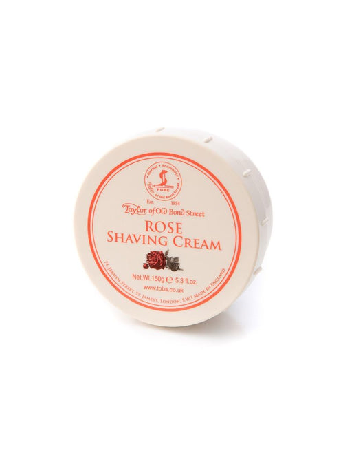 A round container of Taylor of Old Bond Street Rose Shaving Cream with a white lid and red label, displaying the product name and branding.