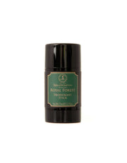 A black deodorant stick with a green label that reads 'Royal Forest Deodorant Stick' from Taylor of Old Bond Street.