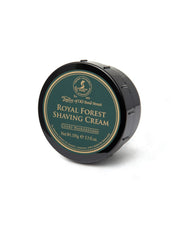 A round container of Taylor of Old Bond Street Royal Forest Shaving Cream with a black lid and a label that includes the product name and net weight of 150g.