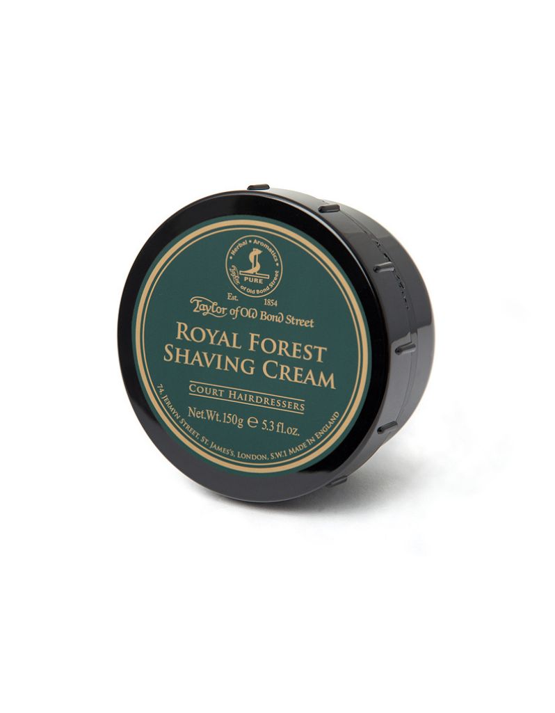 A round container of Taylor of Old Bond Street Royal Forest Shaving Cream with a black lid and a label that includes the product name and net weight of 150g.