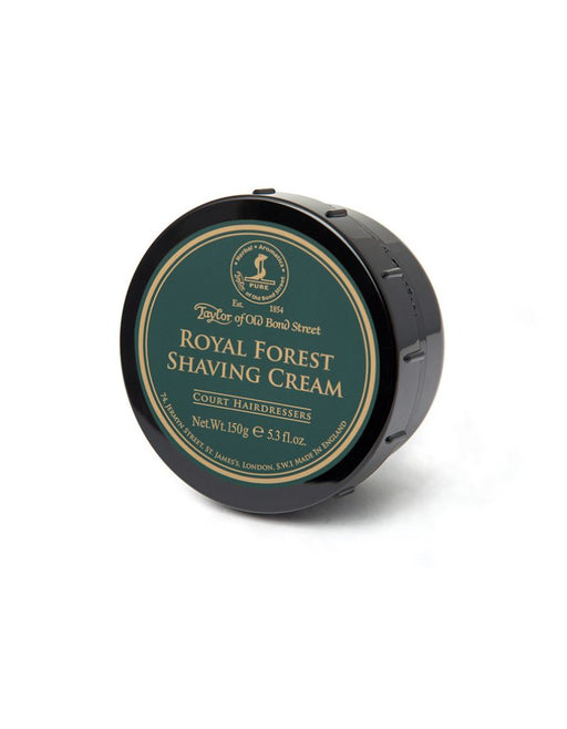 A round container of Taylor of Old Bond Street Royal Forest Shaving Cream with a black lid and a label that includes the product name and net weight of 150g.