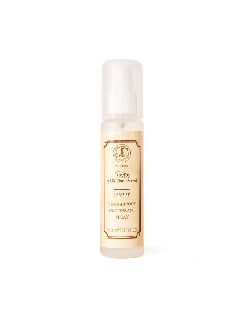 Taylor of Old Bond Street Sandalwood Collection luxury deodorant spray 100ml bottle on white background