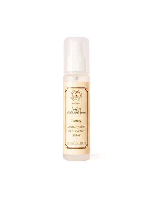 Taylor of Old Bond Street Sandalwood Collection luxury deodorant spray 100ml bottle on white background