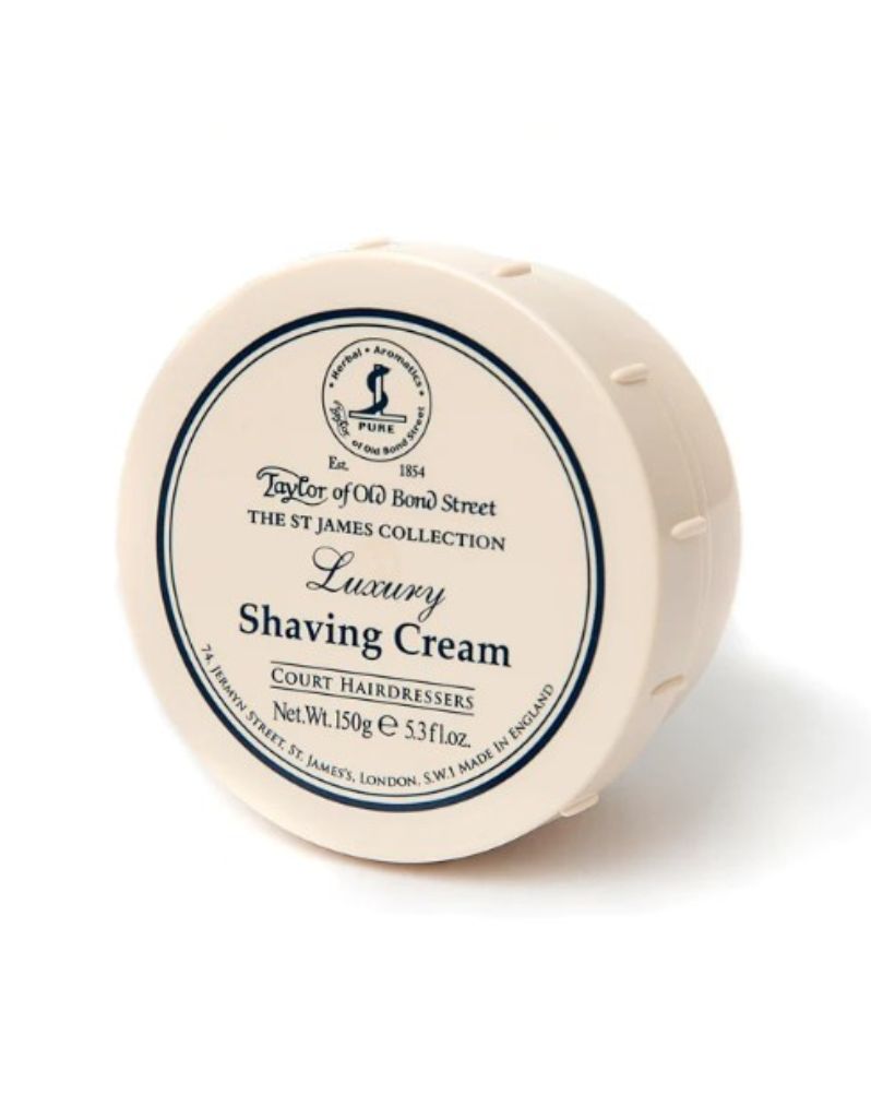 A container of Taylor of Old Bond Street luxury shaving cream, labeled as 'St James Shaving Cream' with a weight indication of 150g.