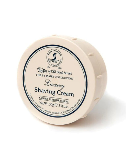 A container of Taylor of Old Bond Street luxury shaving cream, labeled as 'St James Shaving Cream' with a weight indication of 150g.