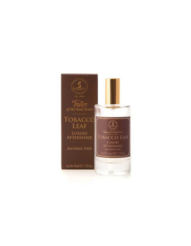Bottle and box of Taylor of Old Bond Street Tobacco Leaf Luxury Aftershave on a white background