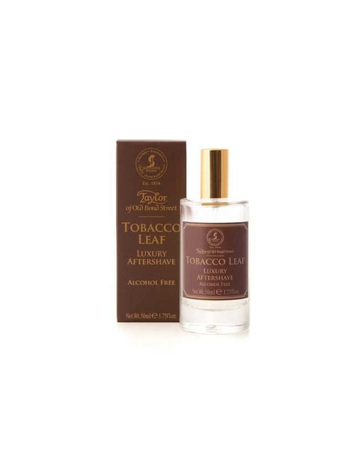 Bottle and box of Taylor of Old Bond Street Tobacco Leaf Luxury Aftershave on a white background