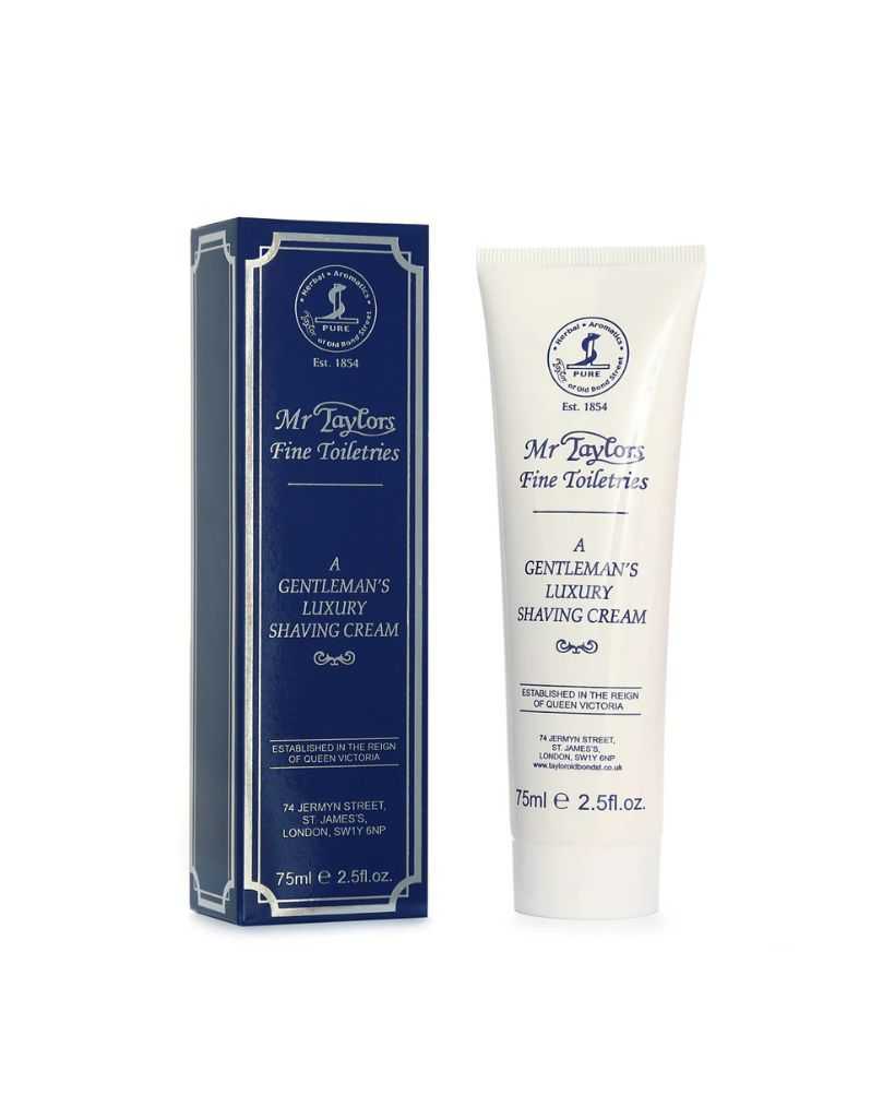 Taylor of Old Bond Street Mr Taylor's Gentleman's Luxury Shaving Cream 75ml – classic white tube with navy blue gift box.