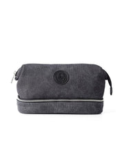 Taylor of Old Bond Street medium grey canvas wash bag front view with logo badge
