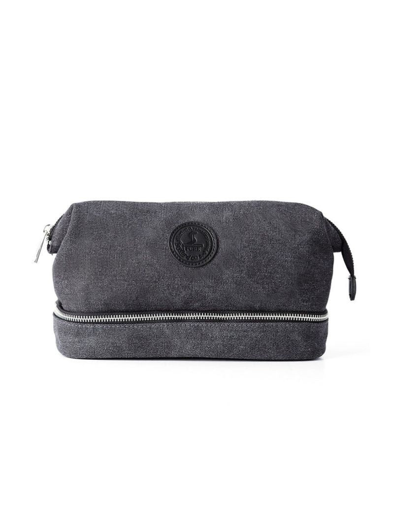 Taylor of Old Bond Street medium grey canvas wash bag front view with logo badge