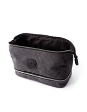 Taylor of Old Bond Street medium grey canvas wash bag with zipper open
