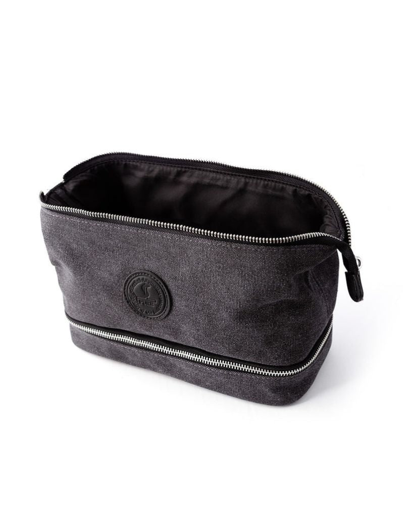 Taylor of Old Bond Street medium grey canvas wash bag with zipper open