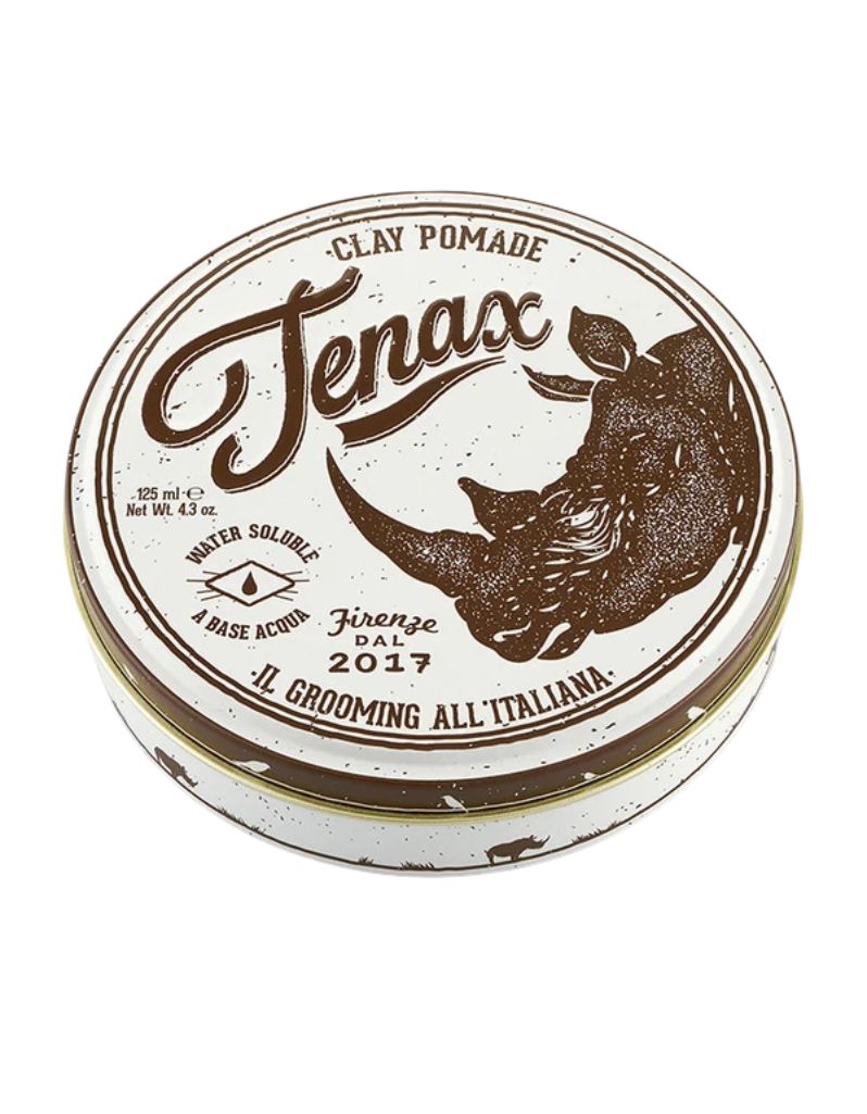 Tenax Clay Pomade 125 ml / 4.3 oz tin with rhino label for ultra strong hold and a shine-free finish