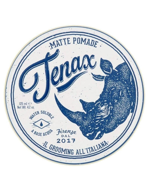 Tenax matte pomade container with branding and product details on a white background