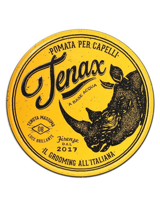 Round label with 'Tenax' branding and rhino illustration on a yellow background