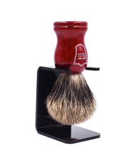 Red shaving brush with badger bristles and stand