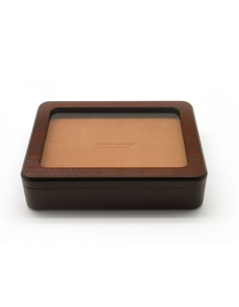Thiers-Issard solid beechwood box for seven straight razors with brown calf leather display pad.