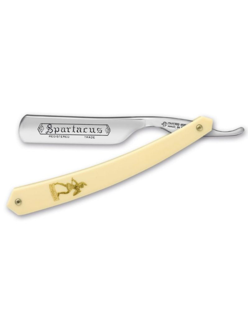Thiers Issard Spartacus 5/8 hollowed straight razor with white handle and black calf leather pouch.