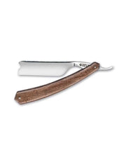 A Thiers Issard straight razor with a hook nose and a wooden handle, displayed alongside an open blade showing the mirror polished edge.