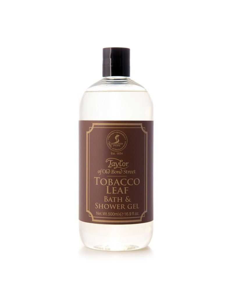 Bottle of Tobacco Leaf Bath and Shower Gel. Rrich lather, notes of bergamot, coffee, grapefruit, and leather.