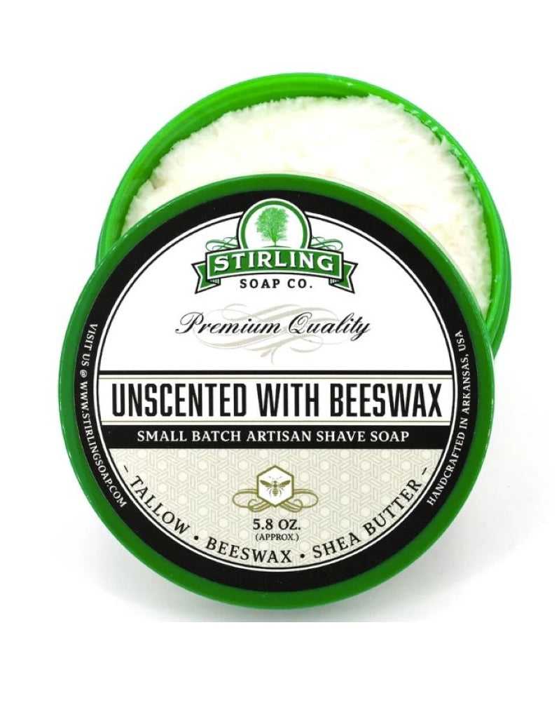 A green and white container of Stirling Soap Co. Unscented with Beeswax Shave Soap, highlighting its premium quality and small batch artisan shave soap attributes.