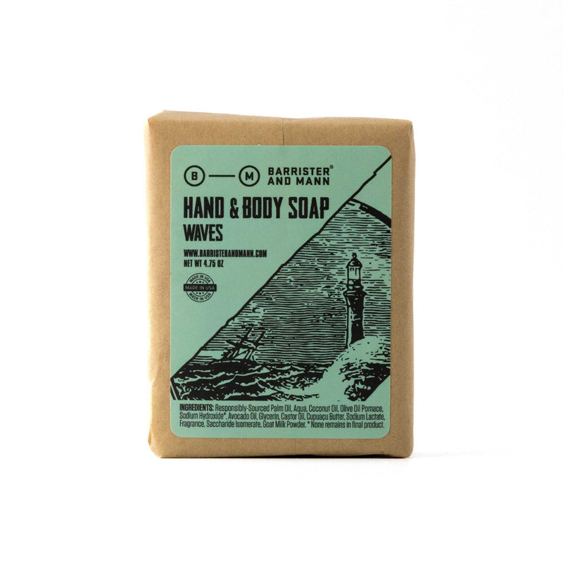 Waves Hand and Body Soap bar with fresh aquatic scent, formulated with avocado oil, goat milk, and cupuaçu butter for daily moisturizing care.