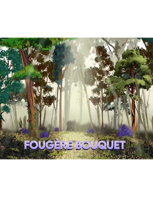 Forest scene with trees and flowers, featuring the brand 'Fougère Bouquet'.