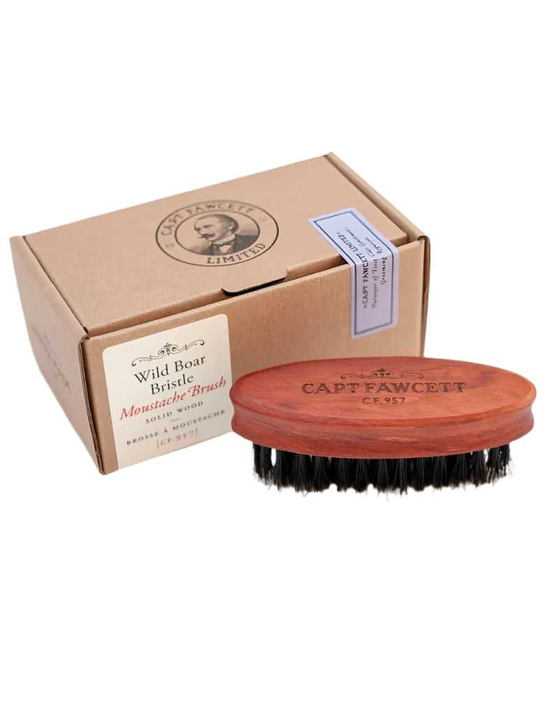 Wild boar bristle moustache brush with handcrafted rosewood handle – compact grooming tool for shaping and maintaining facial hair.