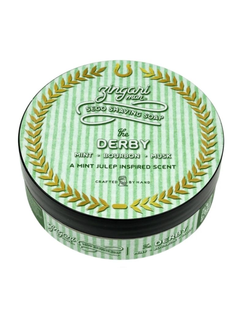 Zingari Man The Derby Sego Shave Soap in frosted 5 oz jar with mint julep-inspired scent.