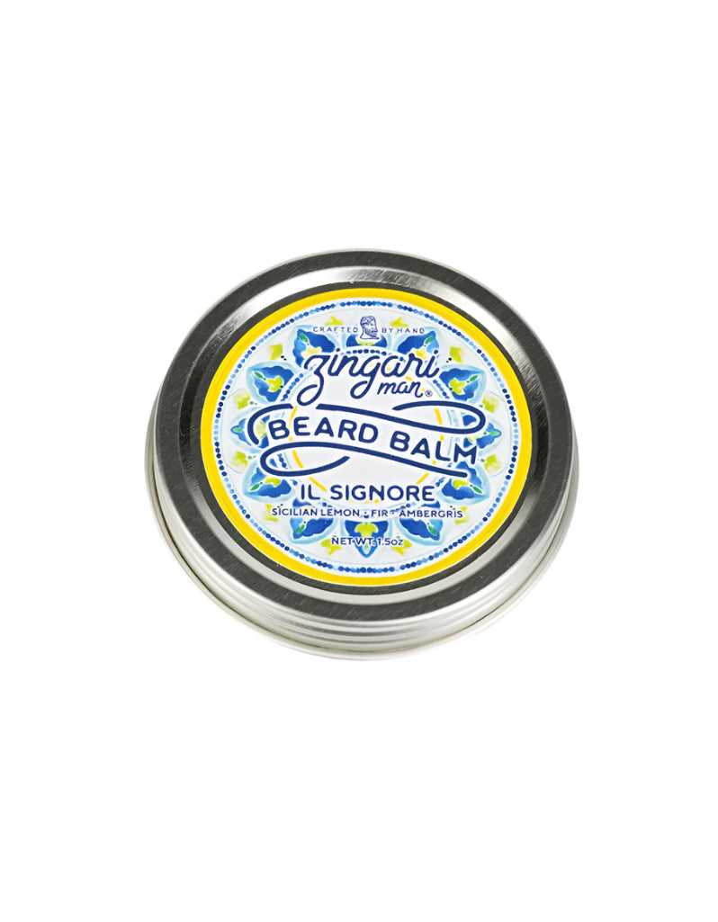 Il Signore beard balm in metal tin with citrus and wood scent, crafted with natural oils and waxes for healthy beard care