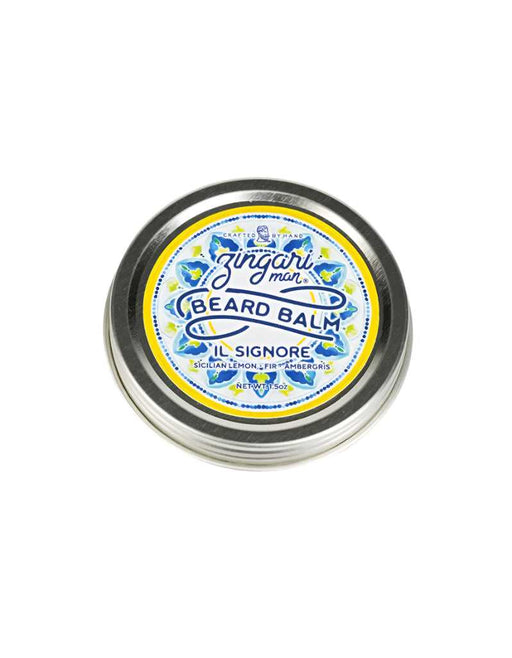 Il Signore beard balm in metal tin with citrus and wood scent, crafted with natural oils and waxes for healthy beard care