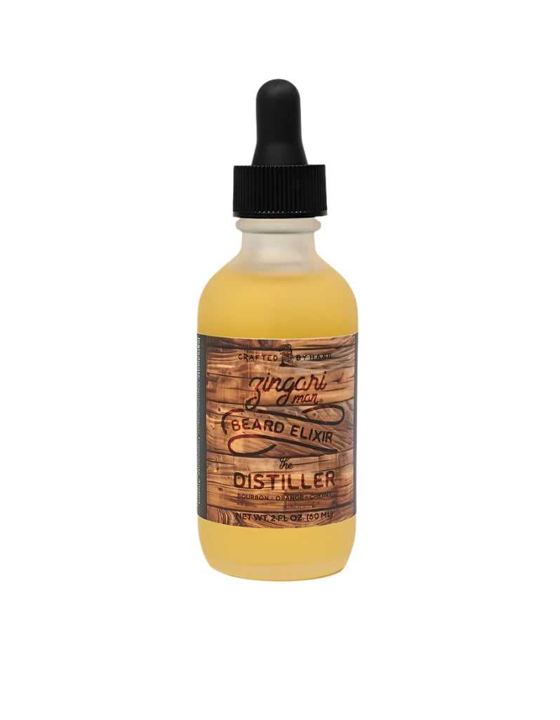 The Distiller Beard Elixir in 2 oz frosted glass bottle with bourbon-inspired scent and natural oils for conditioning and shine.