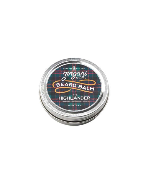 The Highlander Beard Balm in a 1.5 oz tin with natural ingredients and a bold herbal scent inspired by the Scottish Highlands.