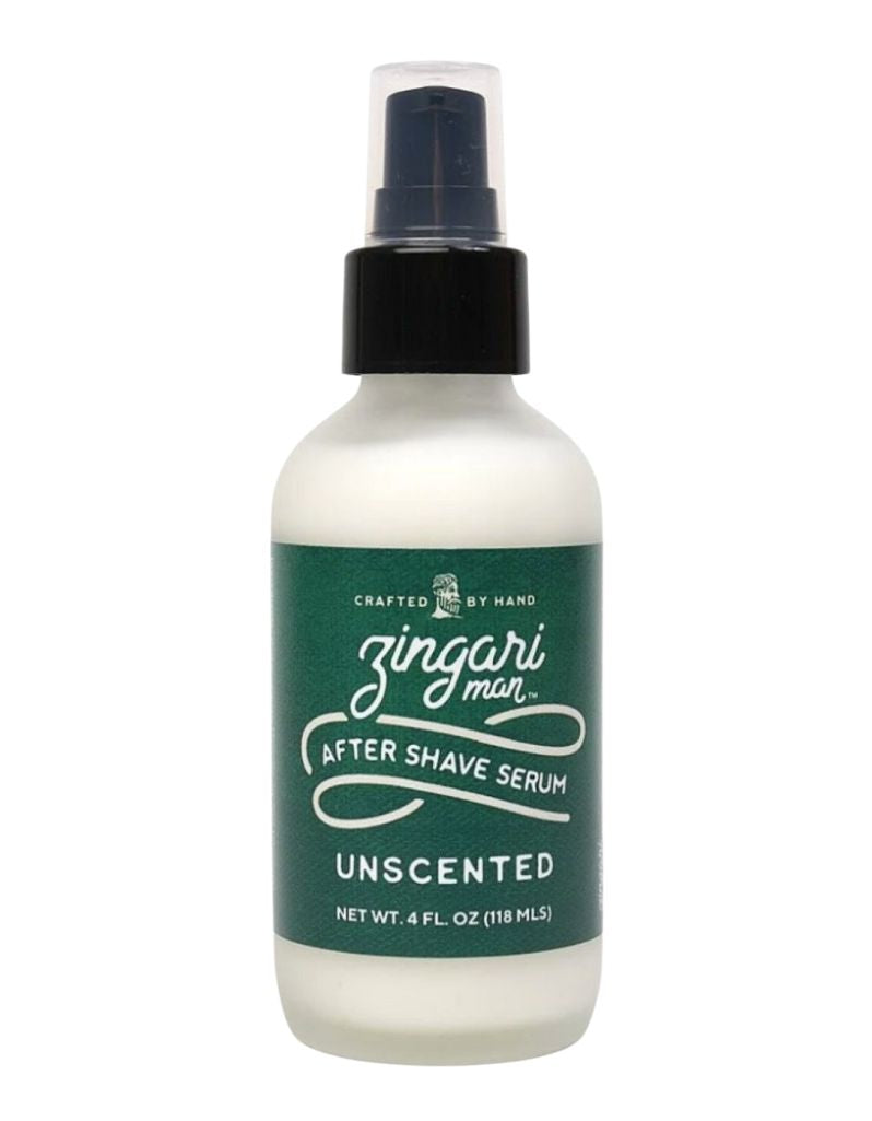 Zingari Man Unscented After Shave Serum with moringa and snow mushroom in 4 oz frosted glass pump bottle