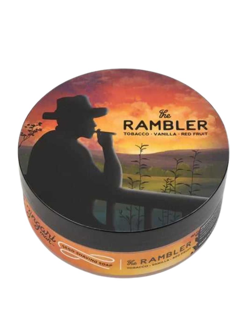The Rambler shaving soap tin with sunset silhouette design