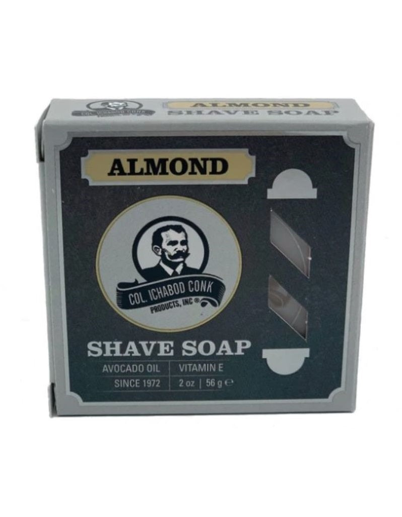 Packaging of Colonel Conk Almond Shave Soap with a round soap puck visible through the window.