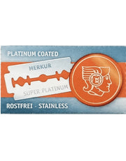 Packaging of Merkur Super Platinum Double Edge Razor Blades, showing the brand logo and 'Platinum coated' text, against a blue and white striped background.
