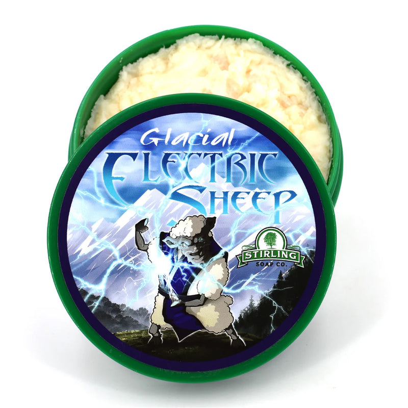 Stirling Glacial Electric Sheep shave soap tub with mutton tallow base and menthol-heavy citrus herbal scent.