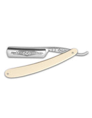 A Thiers Issard straight razor with a round point, featuring a polished silver blade and a beige wooden handle.