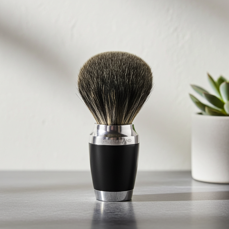Premium badger hair shaving brush with black handle on a countertop