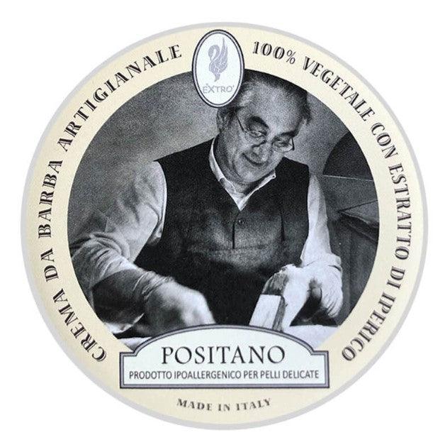 Extro Positano Shaving Cream jar with fig and jasmine scent, enriched with Q10, calendula oil, and St. John's wort.
