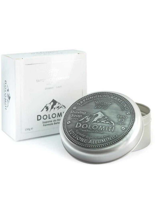 Dolomiti shaving soap in metal tin with citrus and vetiver scent for sensitive skin