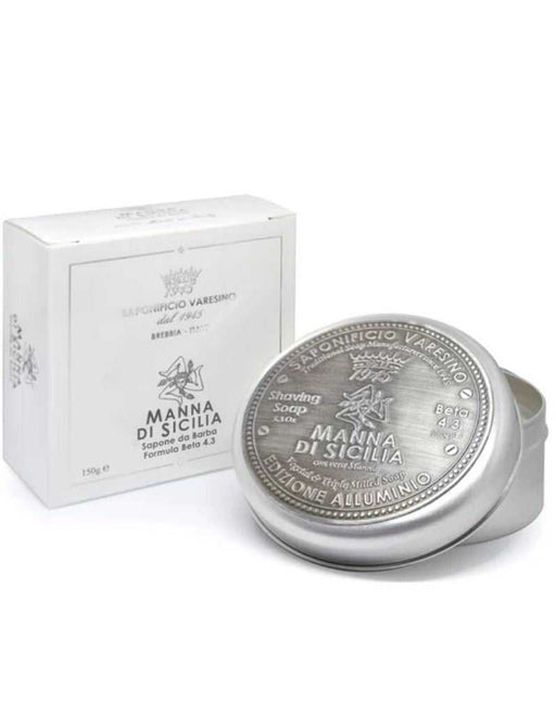 Italian shaving soap in metal tin with citrus and amber scent for smooth skin