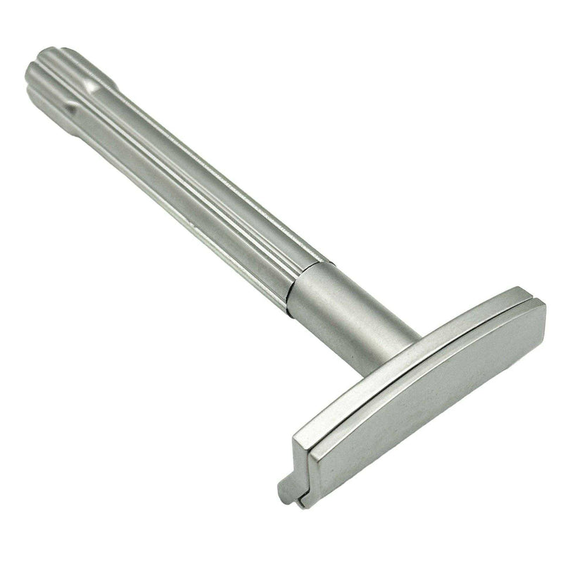 A two-piece Parker SoloEdge single edge safety razor with a solid brass handle and a chrome finish.