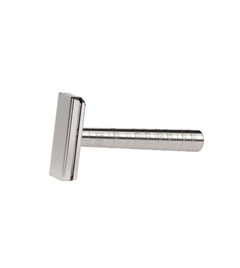 Henson Ti22 Titanium Safety Razor on, raw titanium body, and precise blade gap for smooth and stable shaving