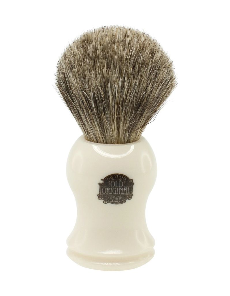 Cream injection molded Vulfix 2006C shaving brush handcrafted on the Isle of Man with dense pure badger knot and lathe turned polished grip