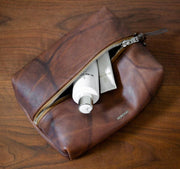 walnut crunch leather dopp kit with waterproof liner and ballglove zipper handcrafted in usa