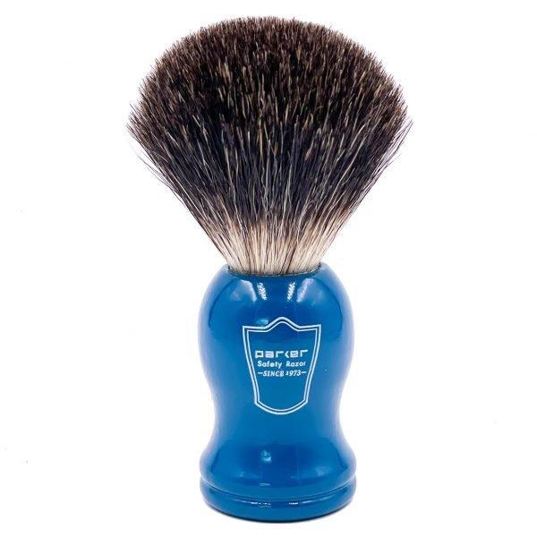 Parker - Blue Wood Handle Black Badger Brush with Stand - New England Shaving Company